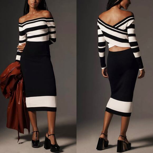 Le Superbe Anthropologie Stripe Knit Bodycon Midi Reversible Dress Size Medium - Picture 1 of 7